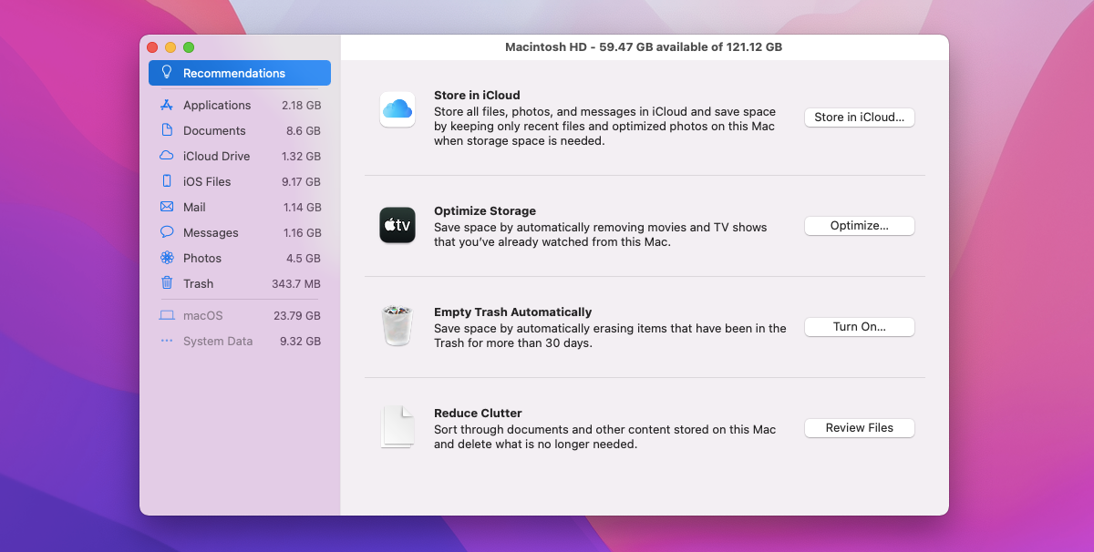 Storage Management pane on Mac.
