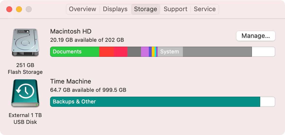 About This Storage window with Time Machine drive on Mac