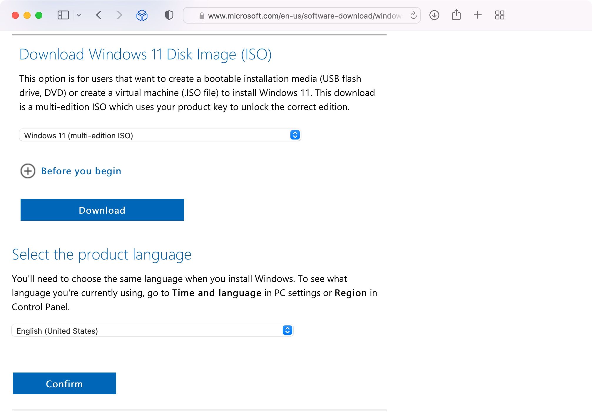 Downloading a Windows 11 disk image from Microsoft in the Safari browser