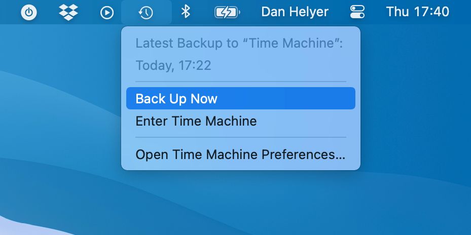 Back Up Now option from menu bar on Mac