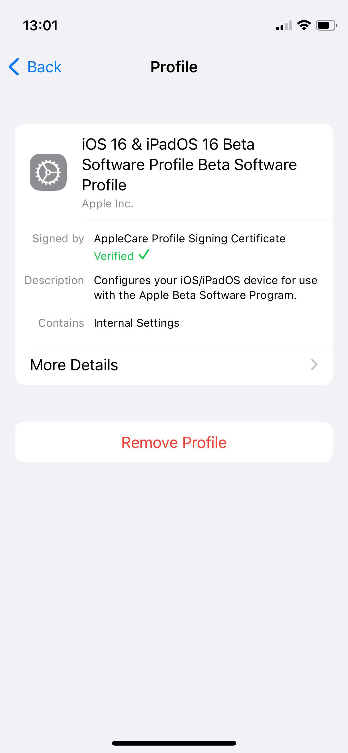 Option to Remove iOS 16 beta profile