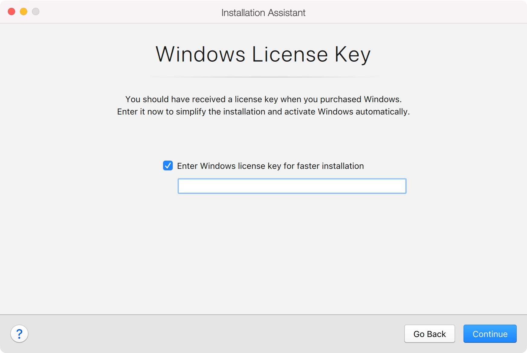 Entering a Windows licence key in Parallels Desktop
