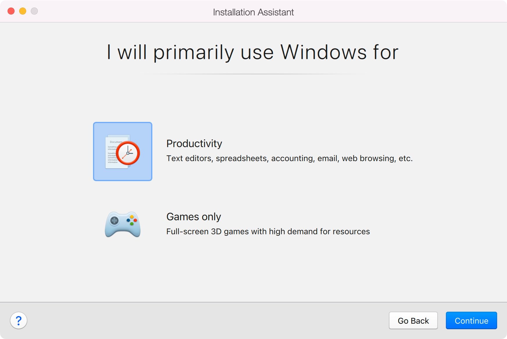 Parallels Desktop asking how the user will primarily use Windows