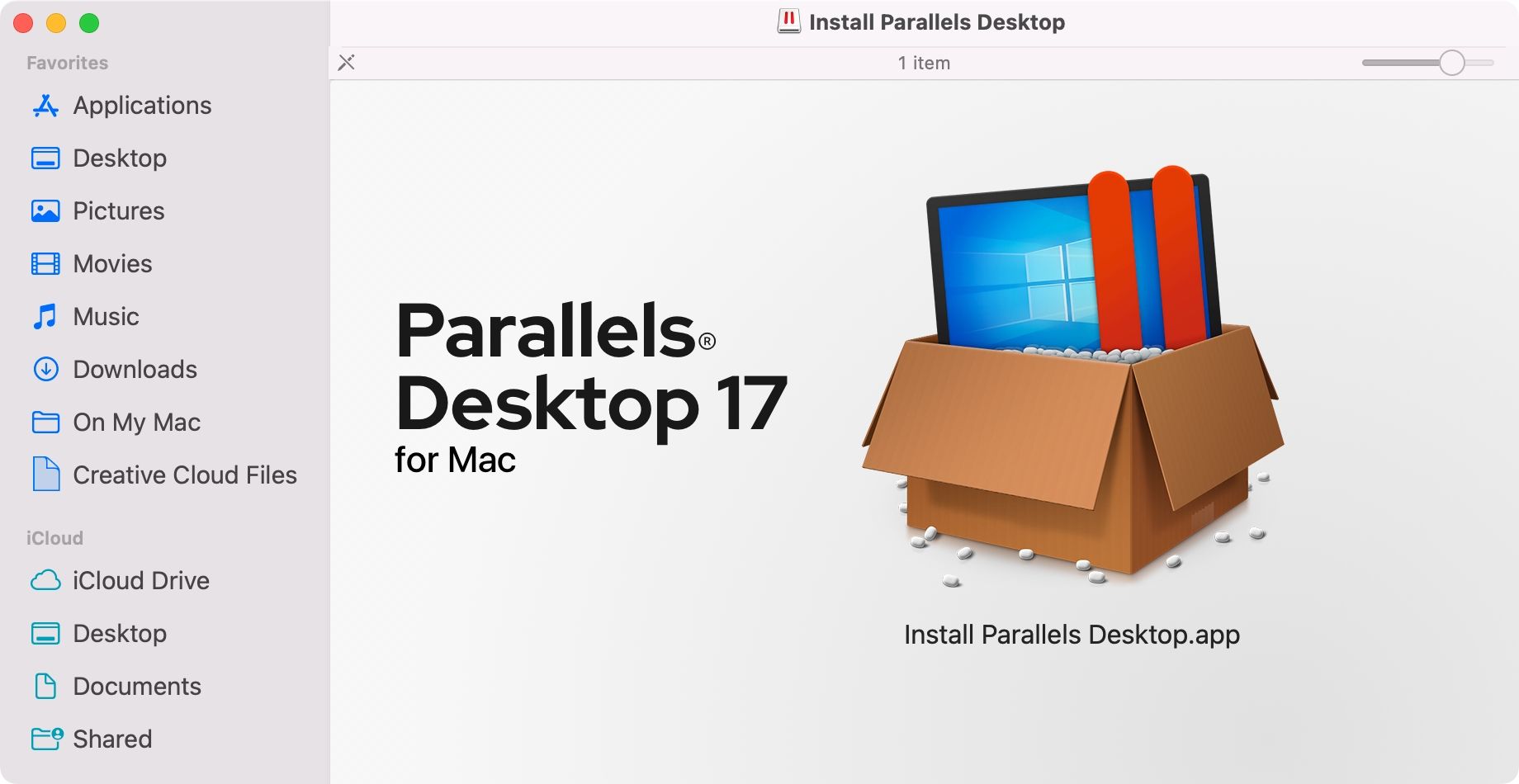 A mounted Parallels Desktop disk image in the Mac's Finder