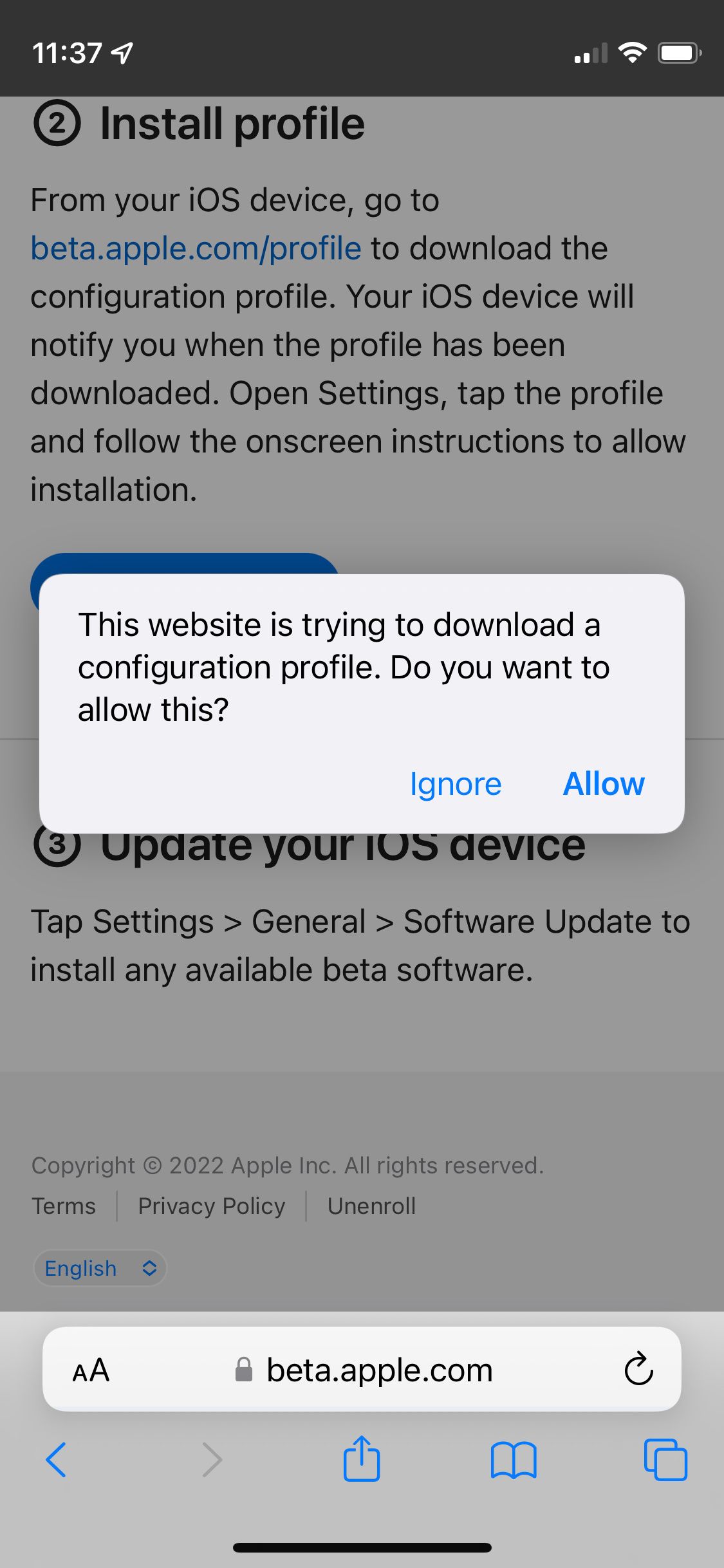 Safari download prompt for iOS 16 beta profile