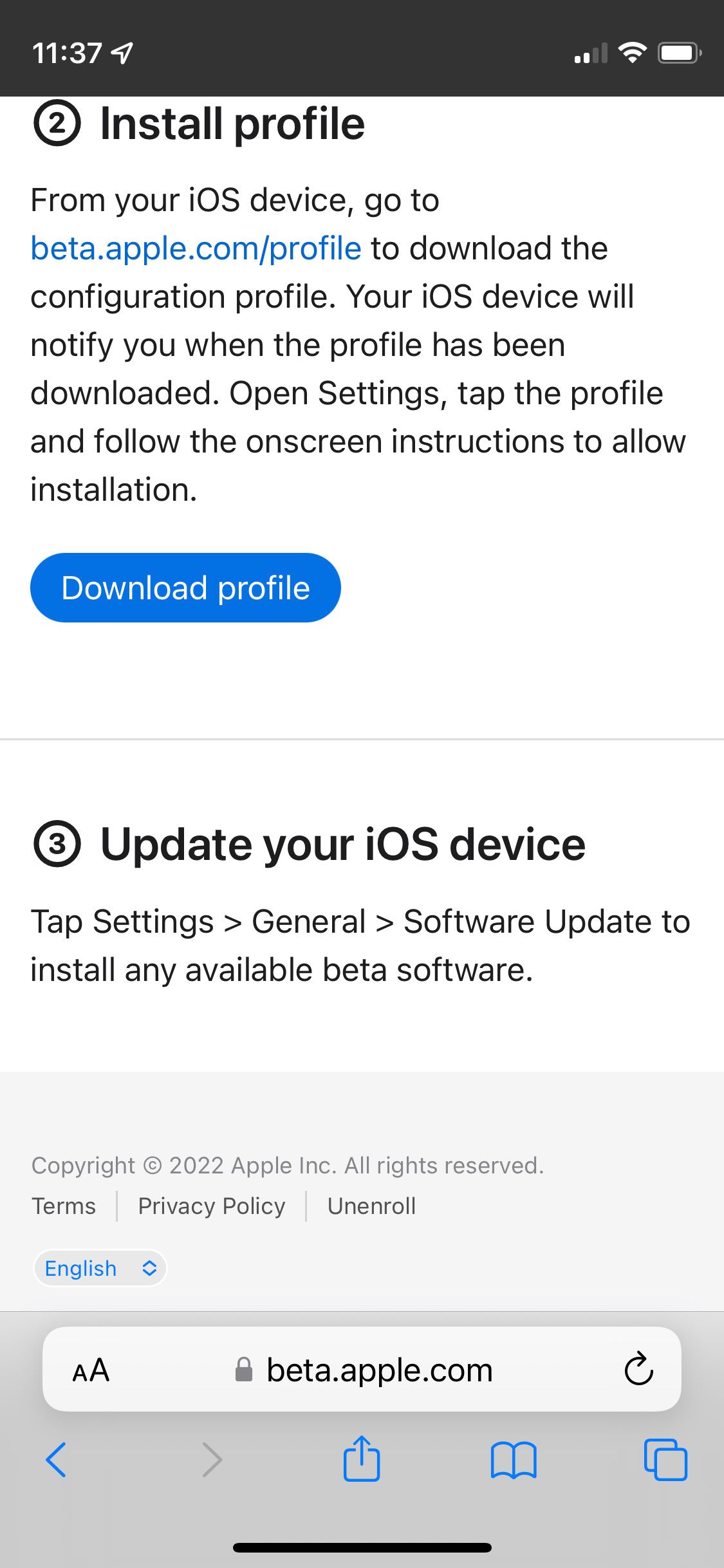 iOS 16 beta profile page in Safari