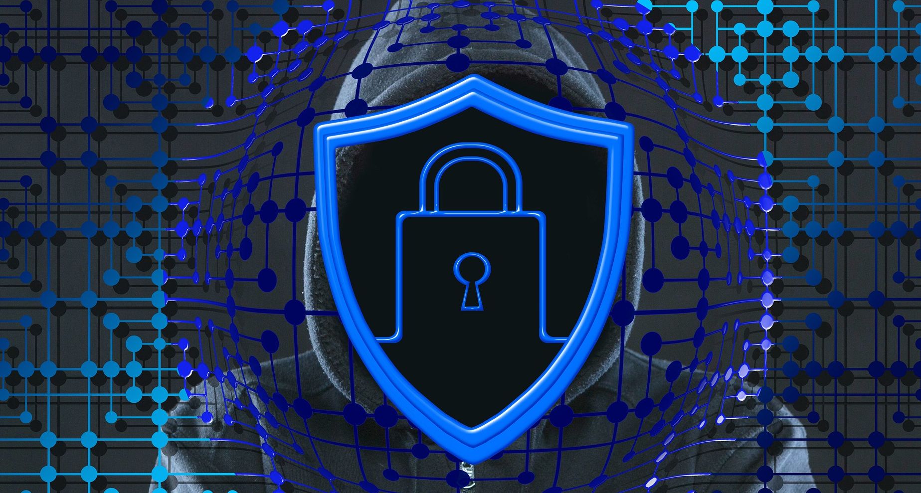 hooded figure behind blue lock symbol