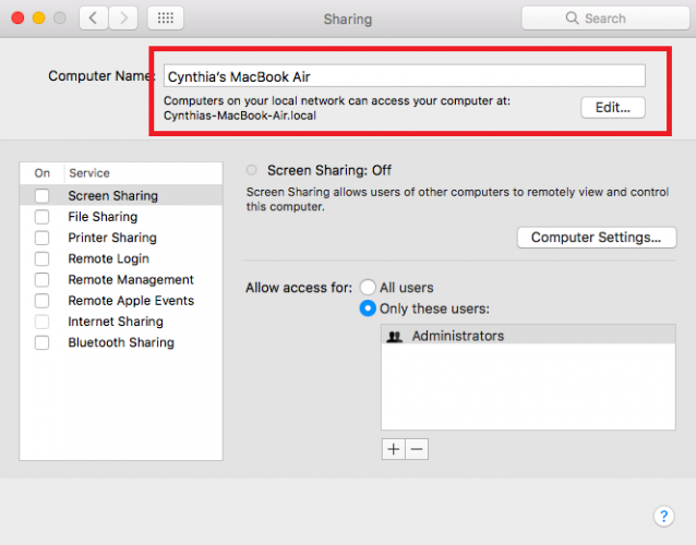 Computer Name option in Mac System Preferences