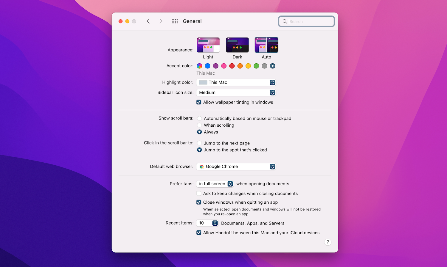 General settings on the Mac.