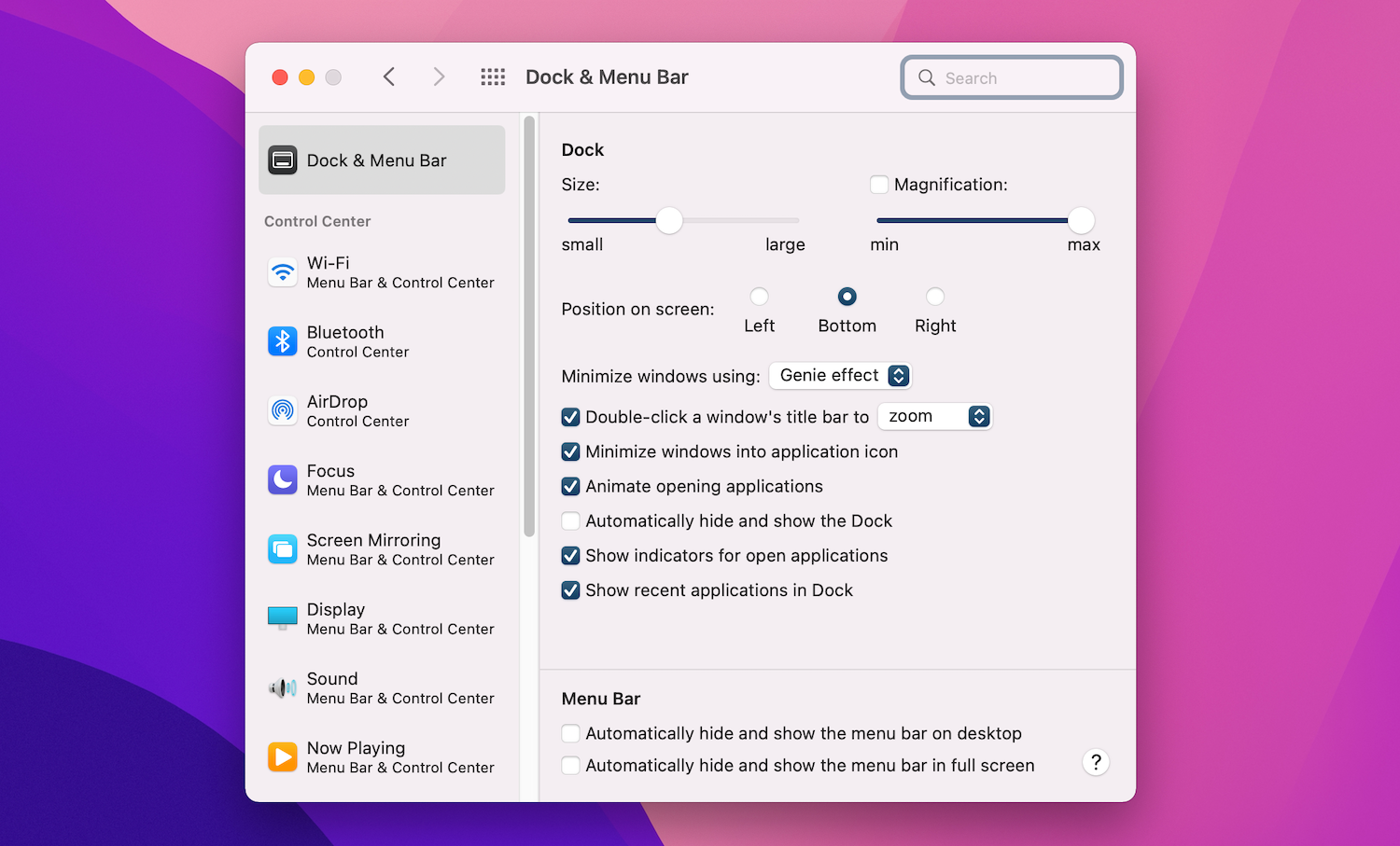 Dock settings on the Mac.