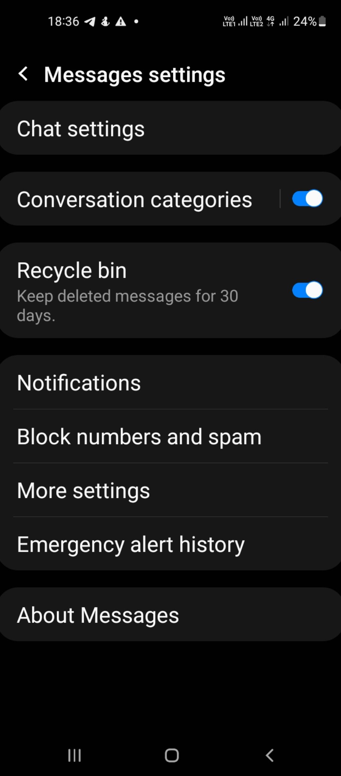 Conversation categories in Samsung messages