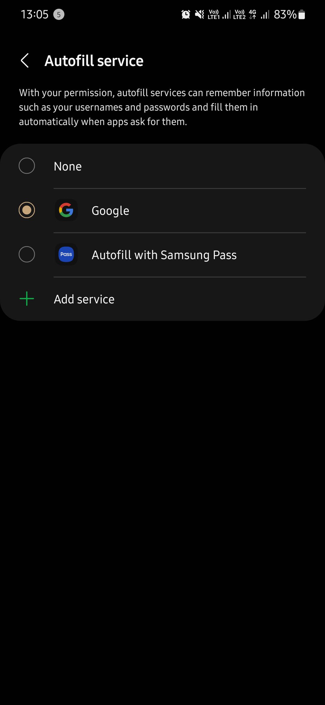 Choosing Google as autofill option