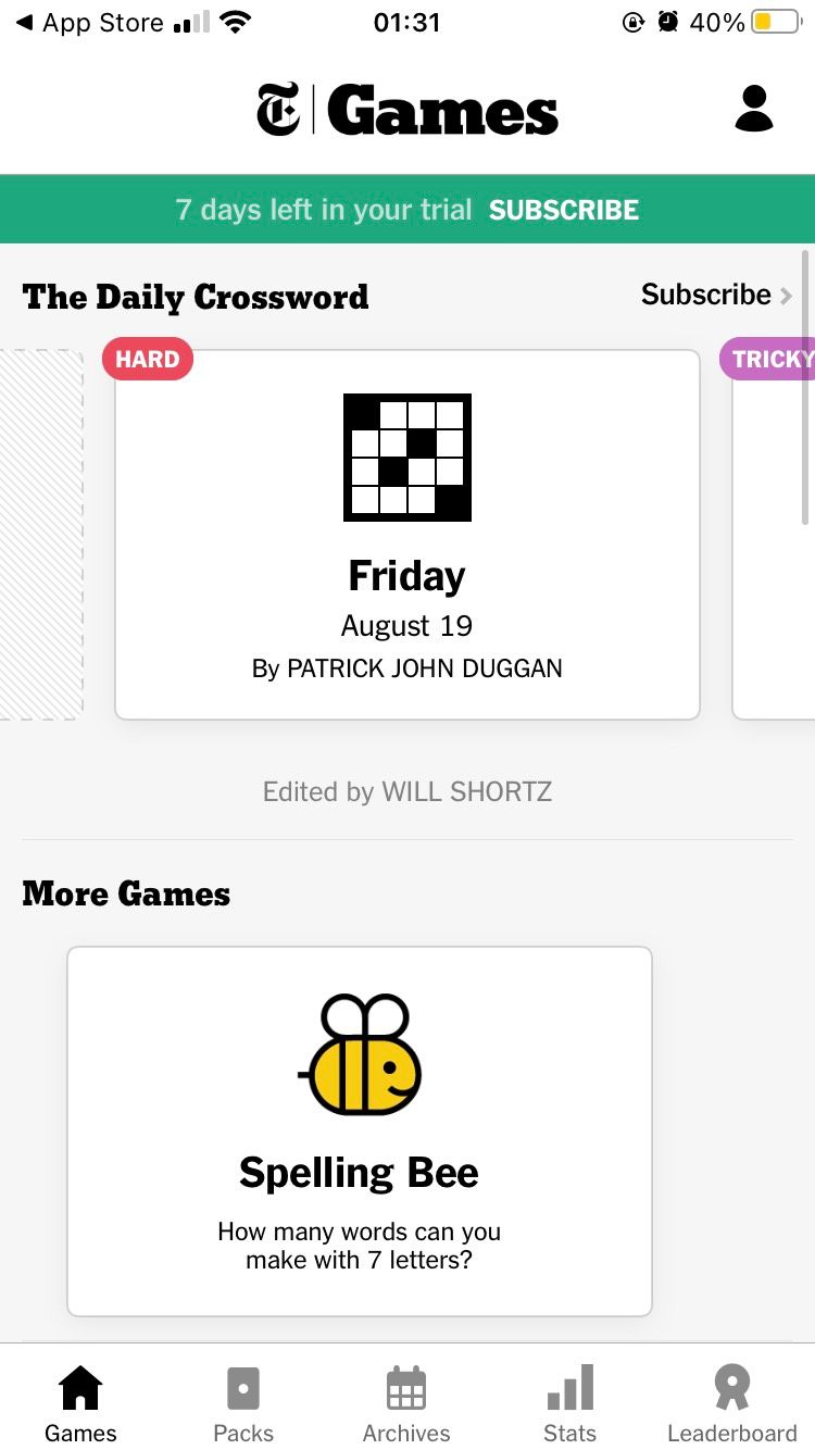 The home screen of the iOS New York Times Crossword app