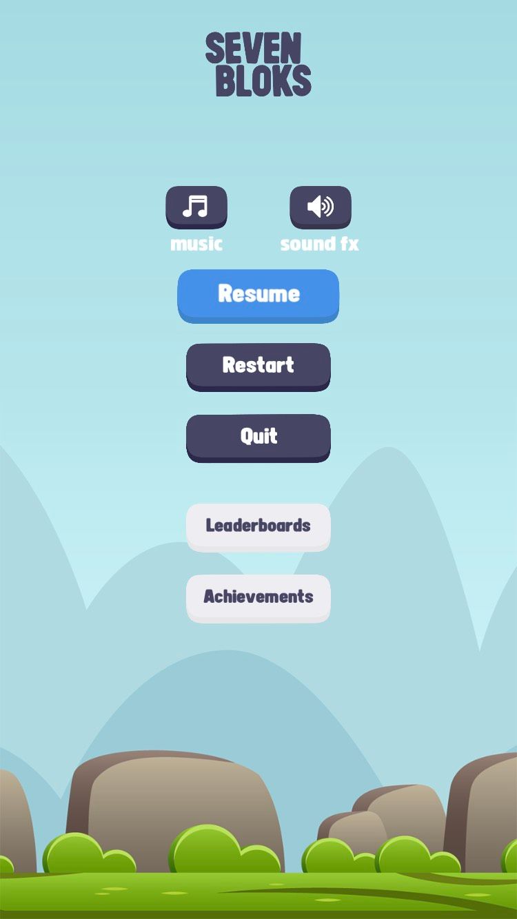 The main menu of the iOS SevenBloks app