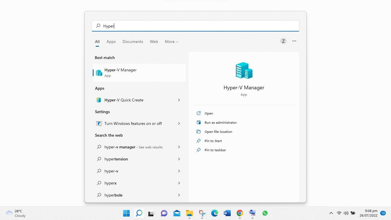 Opening Hyper-V Manager Through Search Bar in Windows 11