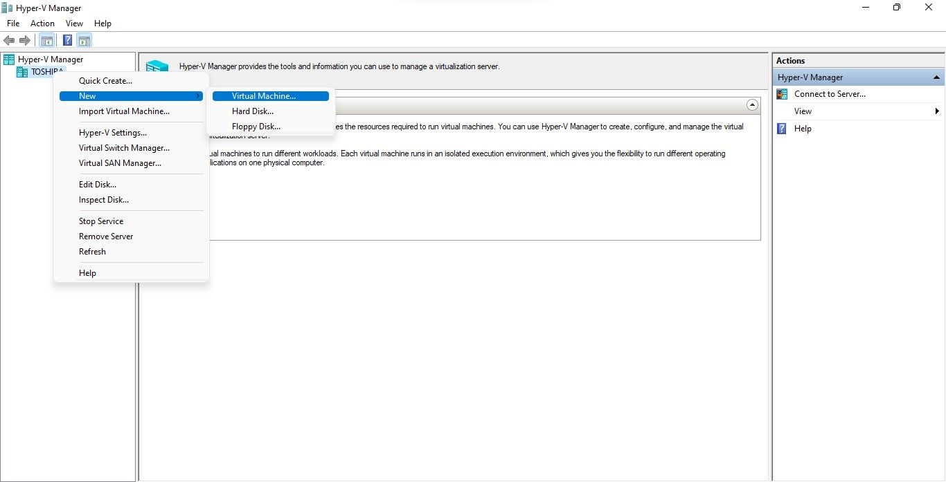 Creating a Virtual Machine by Clicking on PC Name in Hyper-V Manager in Windows 11