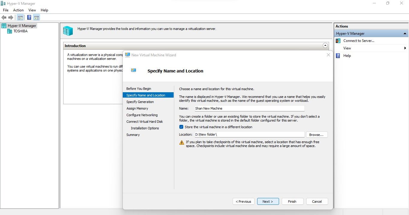 Creating a New Virtual Machine by a Specific Name and a Specific Location in Hyper-V Manager in Windows 11