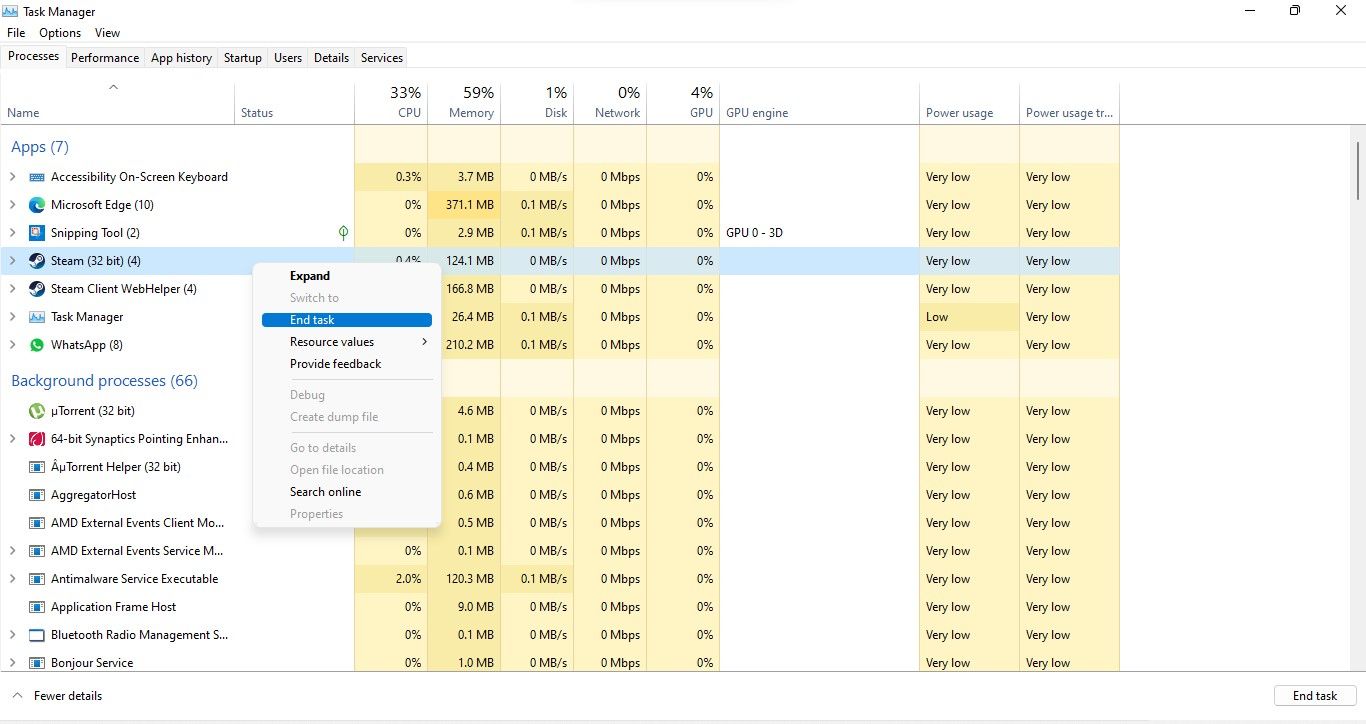 Clicking on End Task to End a Steam Process from Task Manager in Windows 11