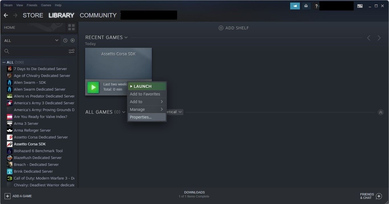 Opening Game Properties By Right-clicking on the Game in Steam Game Library