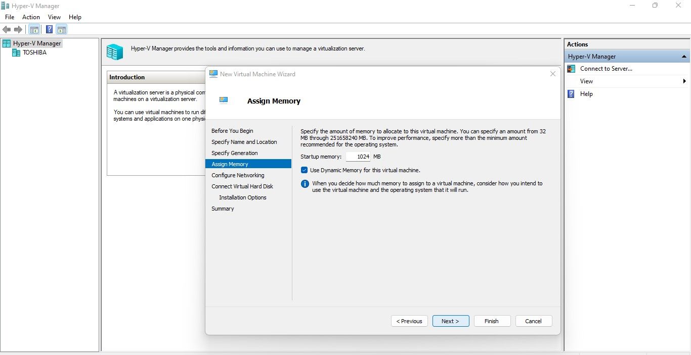 Specifying Memory to Virtual Machine in Hyper-V Manager to Create New Virtual Machine in Windows 11