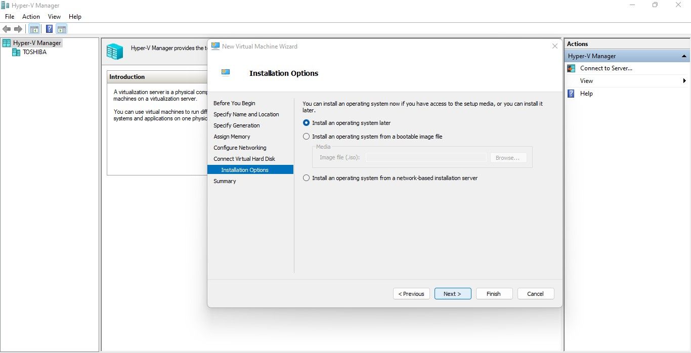 Selecting the OS to Install on the New Virtual Machine in the Installation Options Window in Hyper-V Manager in Windows 11