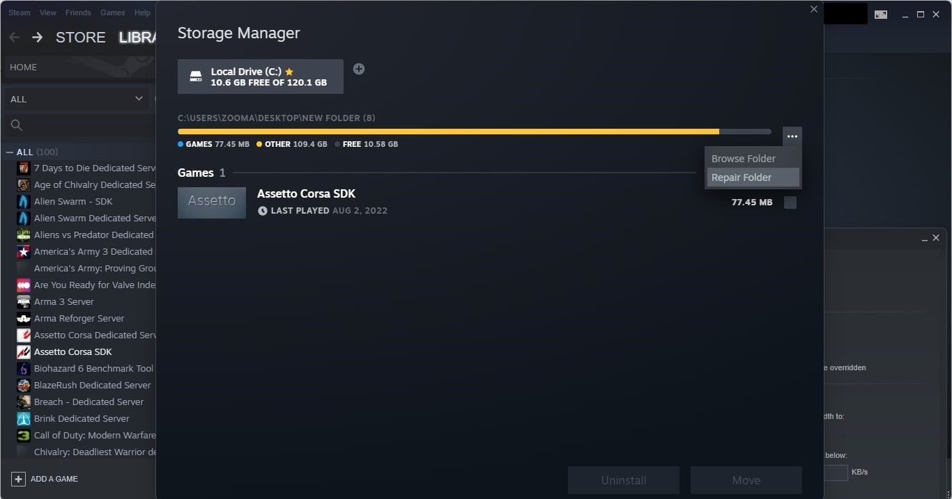 Clicking the Repair Folder Option in Dropdown Menu Under Three Horizontal Dots in Downloads Tab of Steam Settings