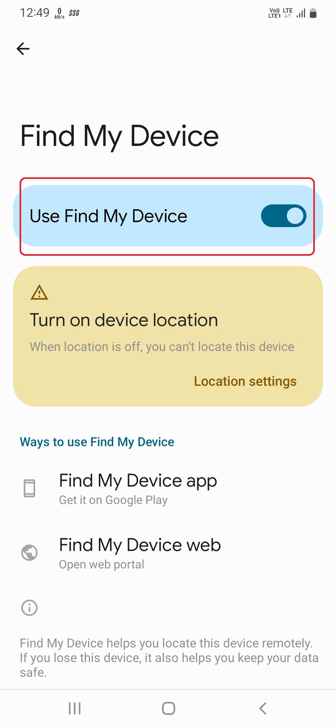 Turn on Find My Device