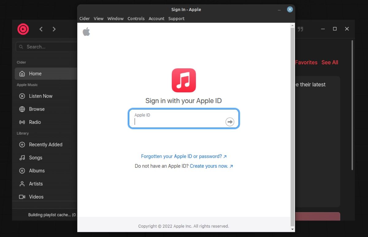 cider apple music login window