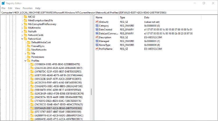 Renaming a wireless network profile in Registry Editor