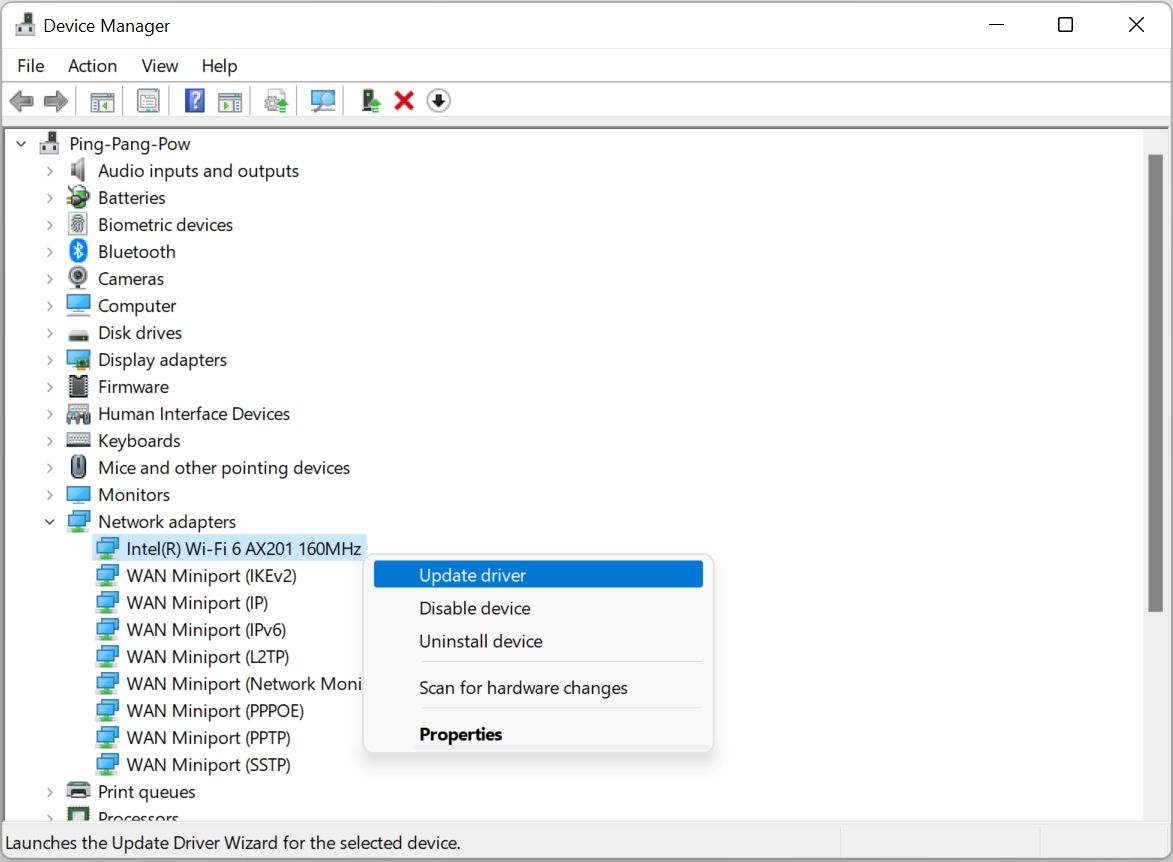 The network adapters section in Windows Device Manager.