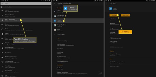 Apps & Notifications, Twitter app, and Uninstall in Fire tablet Settings