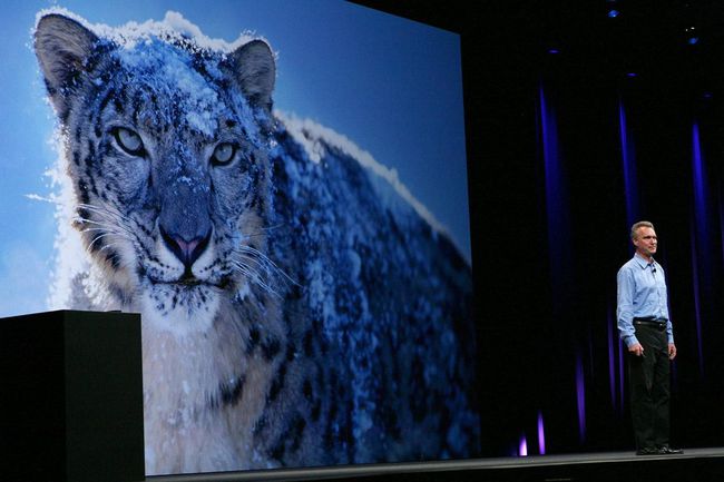 Apple Senior Vice President Bertrand Serlet delivers an address on the OSX Snow Leopard operating system.