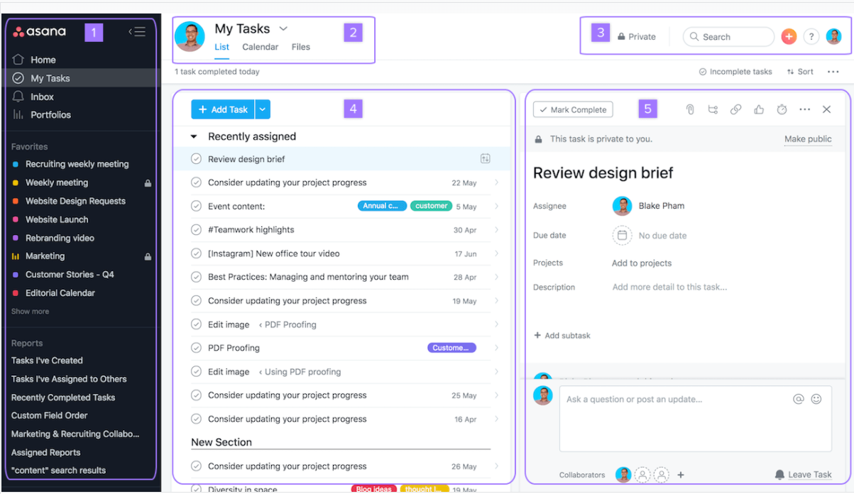 Many cloud-based systems allow users to customize a personal dashboard to view all assigned tasks at once, as shown here in Asana