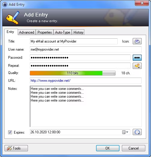 New password entry in KeePass