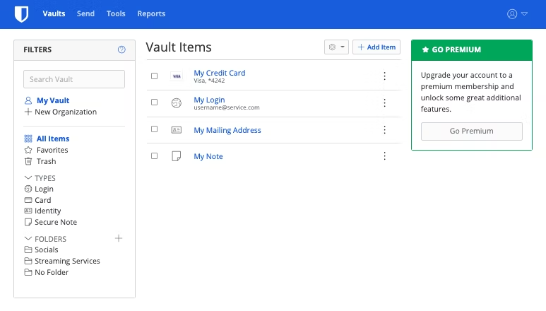 Password vault items in Bitwarden