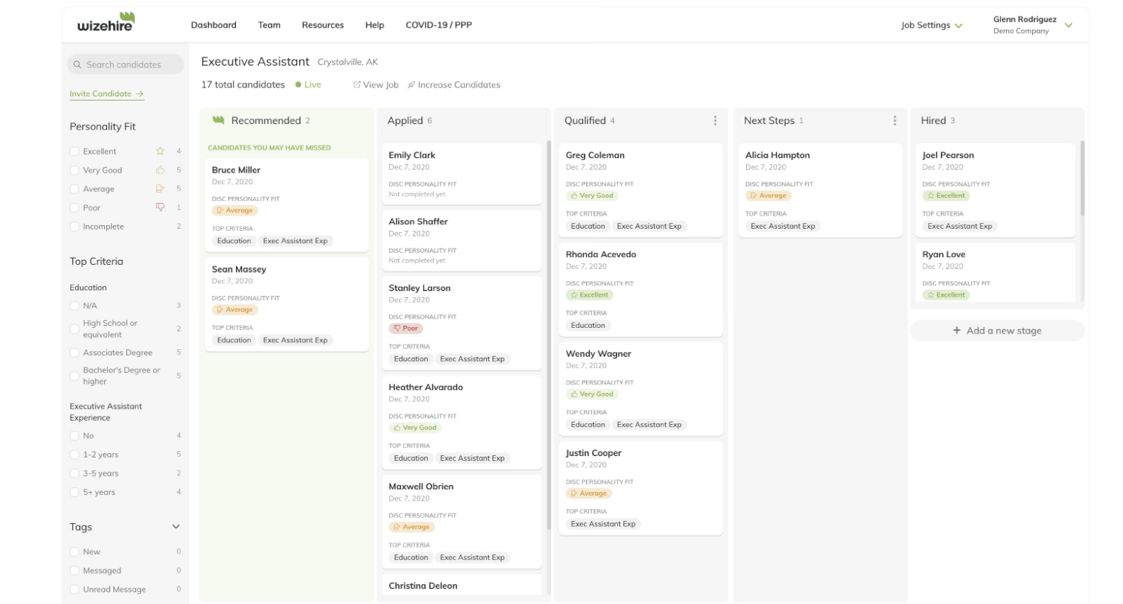 Job dashboard in WizeHire