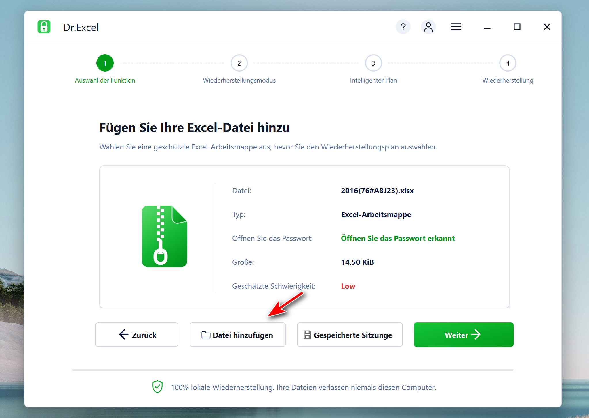 Excel-Passwortwiederherstellungssoftware datei hinzufügen
