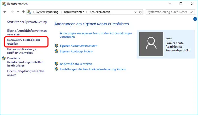 kennwortrücksetzdiskette erstellen windows 10